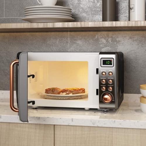 Retro 0.7 Cu.ft Countertop Microwave Oven with LED Display - 700W, Glass Turntable, Rose Gold