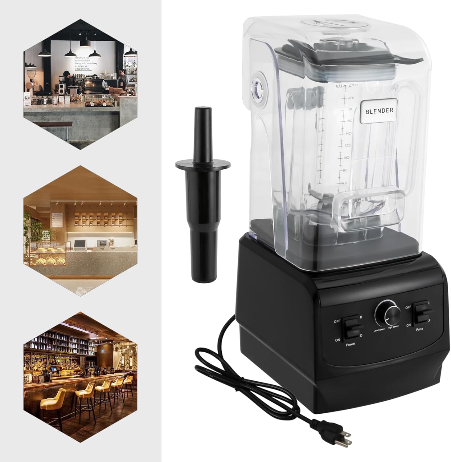 110V Commercial & Domestic Smoothie Blender, Professional Smoothie Machine with Soundproof Cover, Countertop Milkshake Maker for Puree, Ice Crush, and Shakes, 2.2L/74.4oz, Black