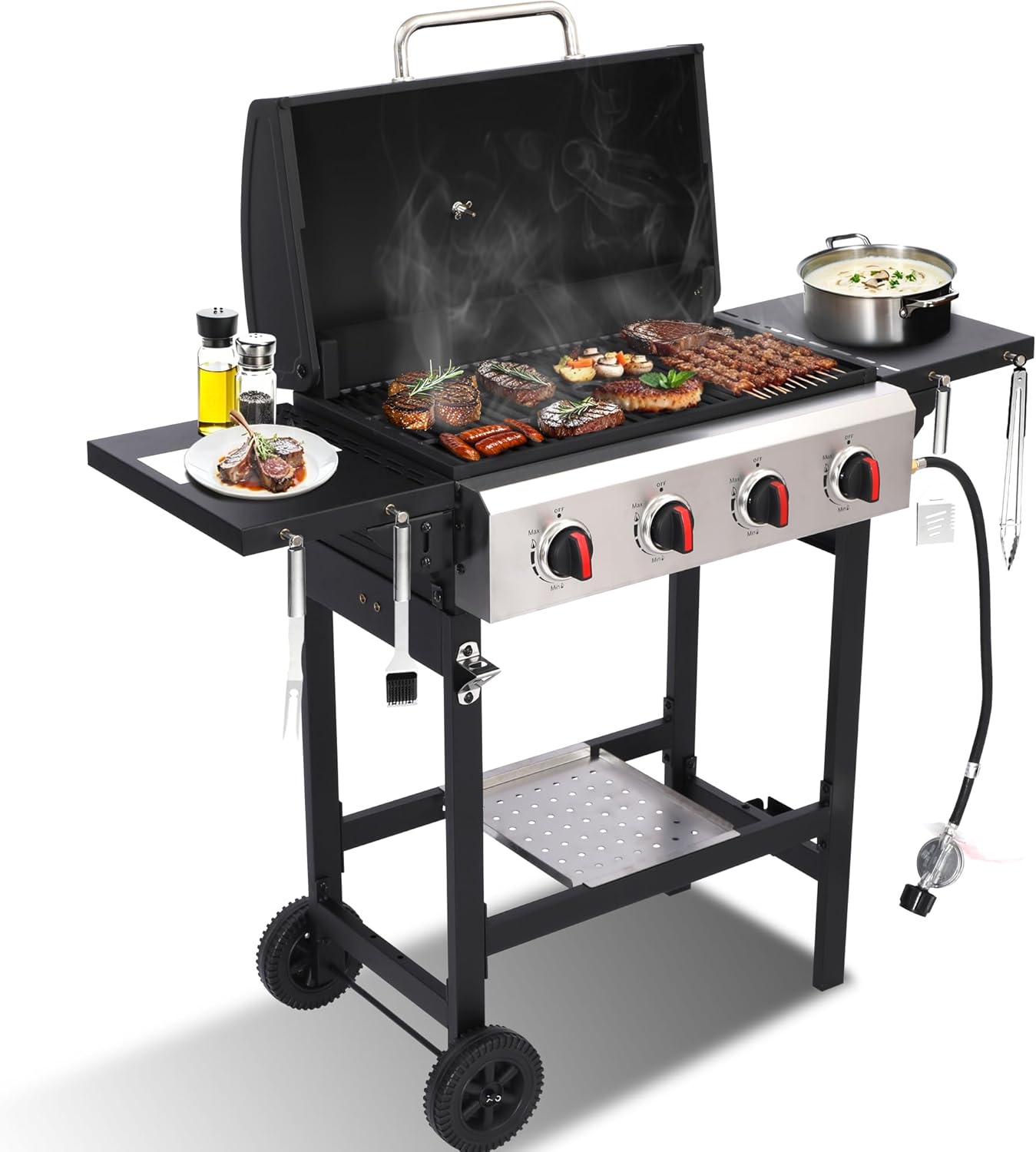 4-Burner Propane Gas Grill with Cast Iron Grate - 40000 BTU Output & Easy-Clean Grease Management for Perfect BBQs (4-Burner)