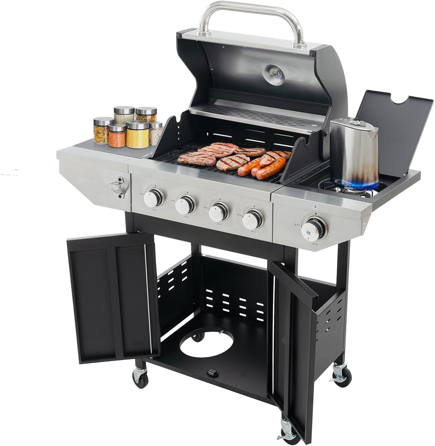 4-Burners Propane Gas Grill with Side Burner & Thermometer, Stainless Steel Propane Grill for Outdoor BBQ and Camping, Patio Backyard Barbecue, 42000 BTU Output