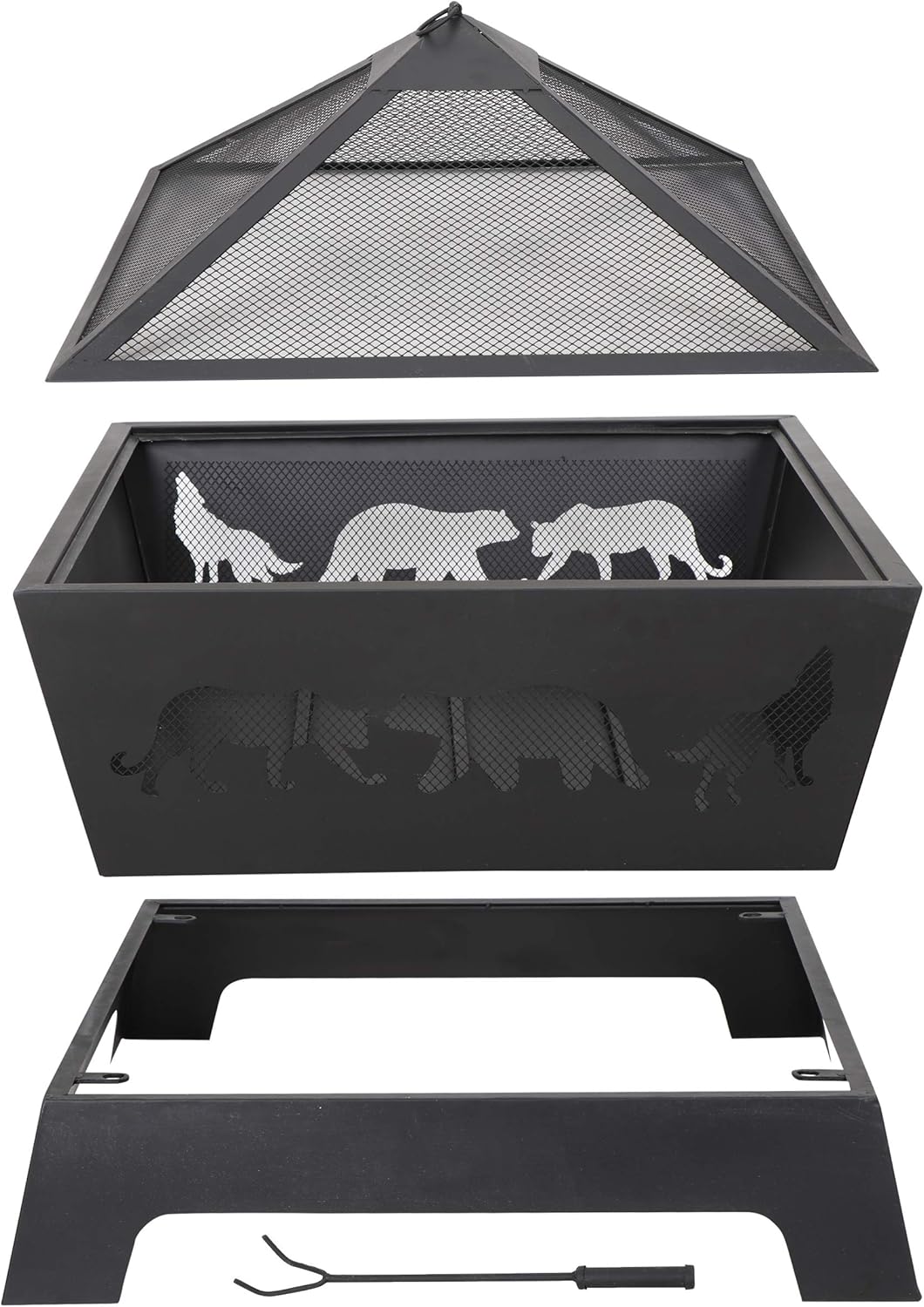 Nouva Wood Burning Fire Pit, Outdoor Metal Square Firepit Backyard Patio with Cover and Poker for Outside Yard Home Garden