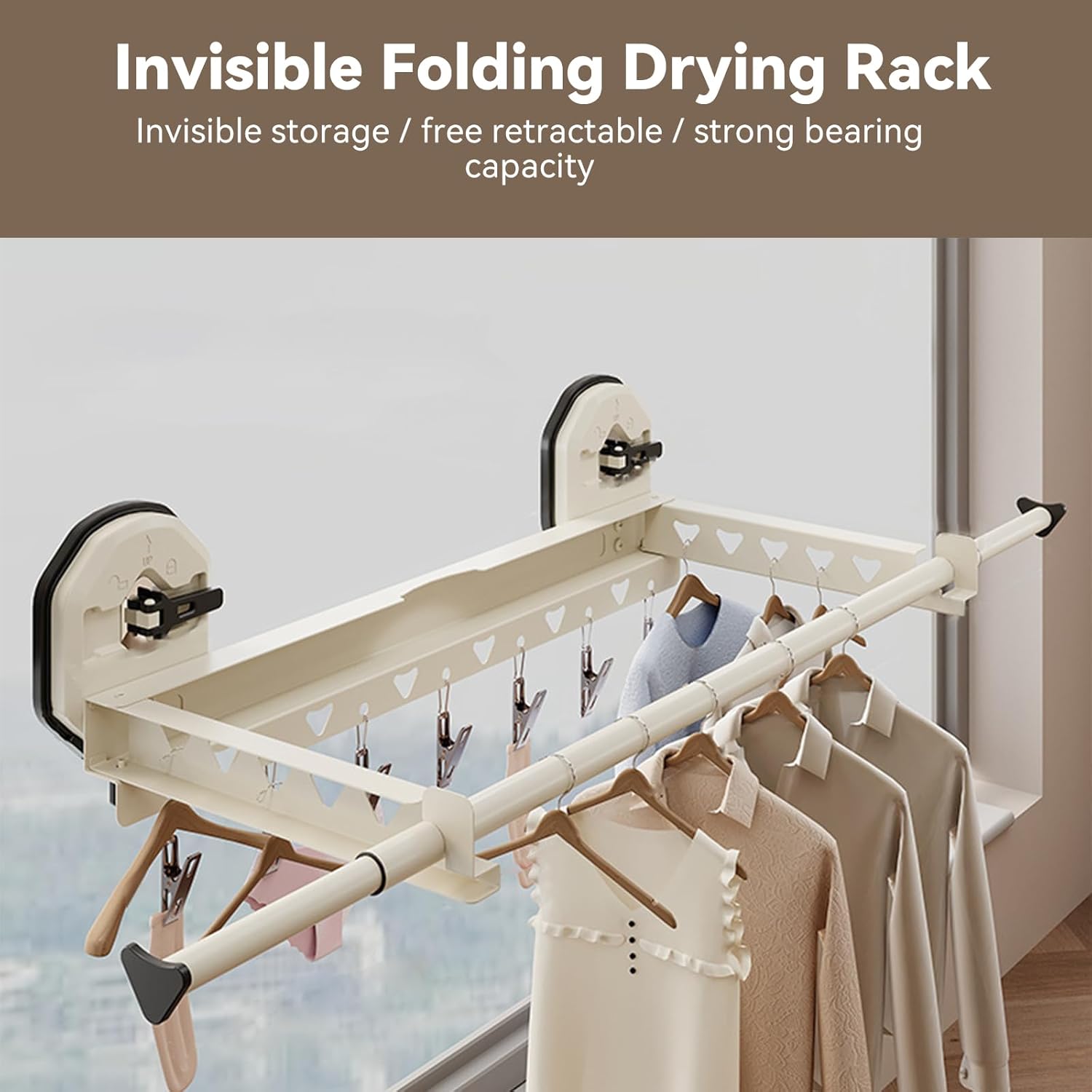 Extendable Clothing Dryer Rack, Invisible Folding Storage, Wall Mounted Drying Rack, Strong Suction Power, for Bed Linen, Clothing, Foldable Bathroom Wall Shelf (Milky White)