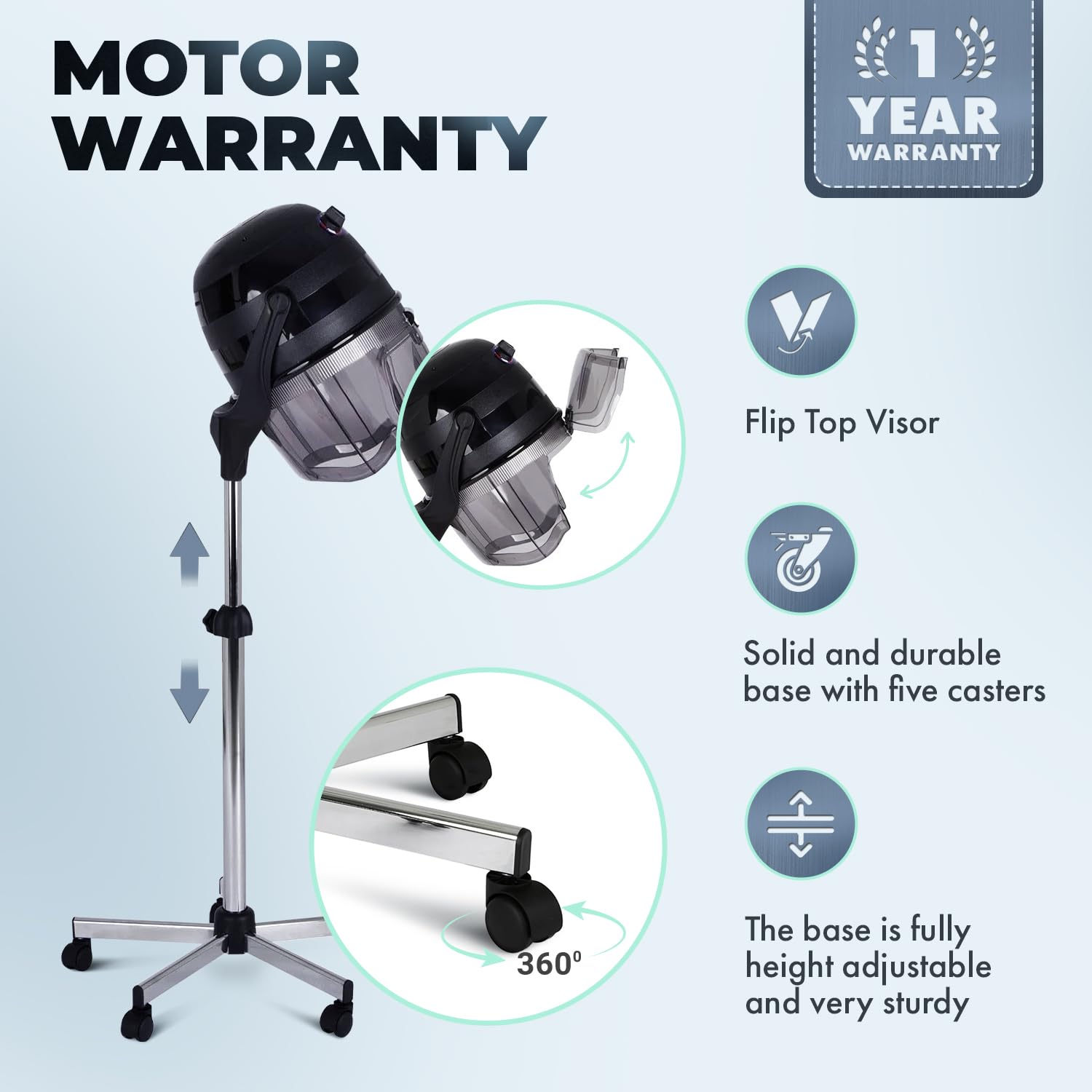 Pibbs 514 Kwik Dri 1100W Professional Salon Hair Dryer with Timer, Temp Control, Adjustable Height & Head, Rolling Caster Base, Flip-Top Visor, CE Certified, Made in Italy, Black, PIB-514