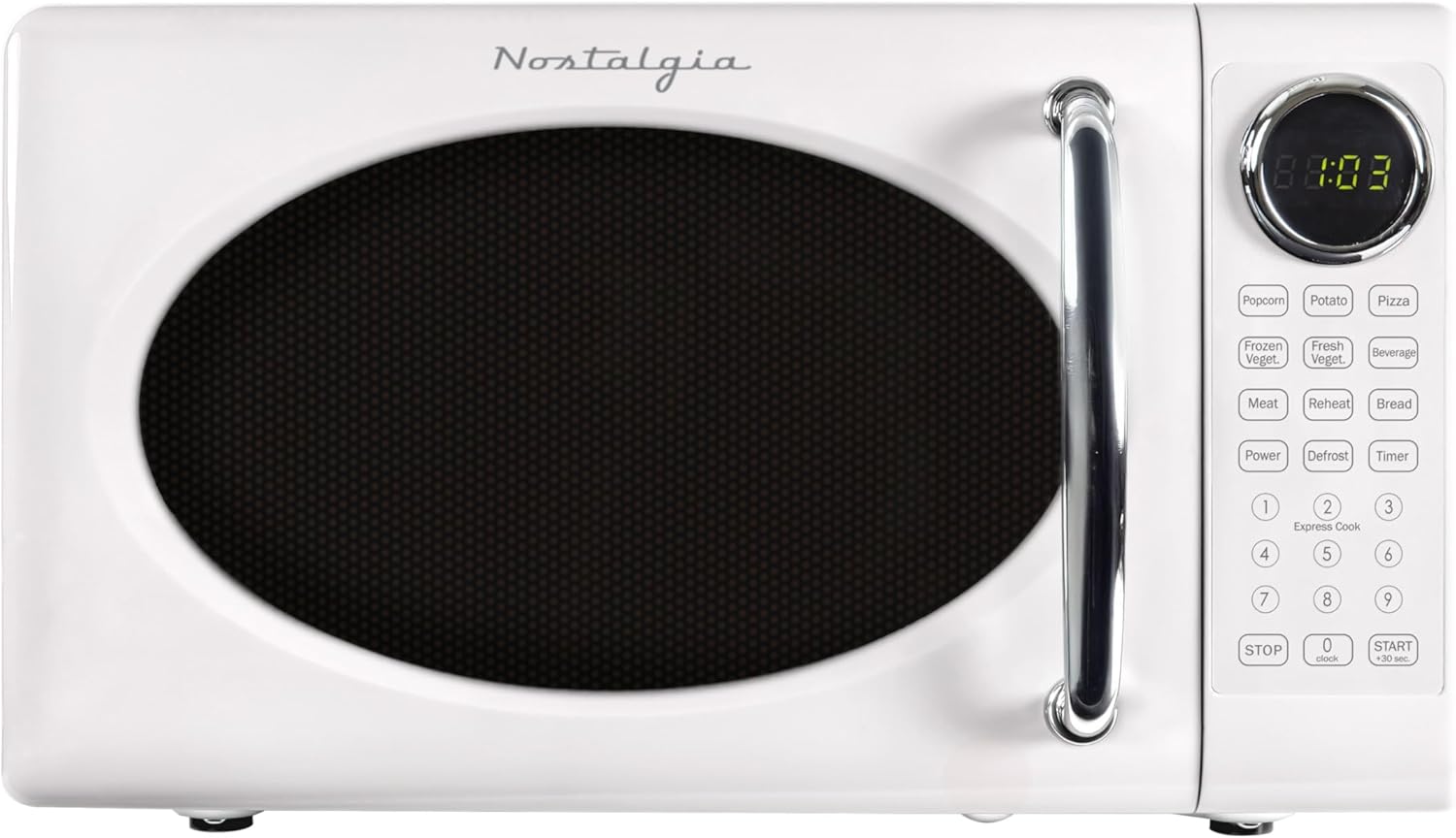 Nostalgia Retro Microwave Oven - 0.7 Cu Ft, 700-Watt Countertop Size with Glass Turntable, Child Safety Lock, 8 Auto-Cook Programs, Digital Clock - White