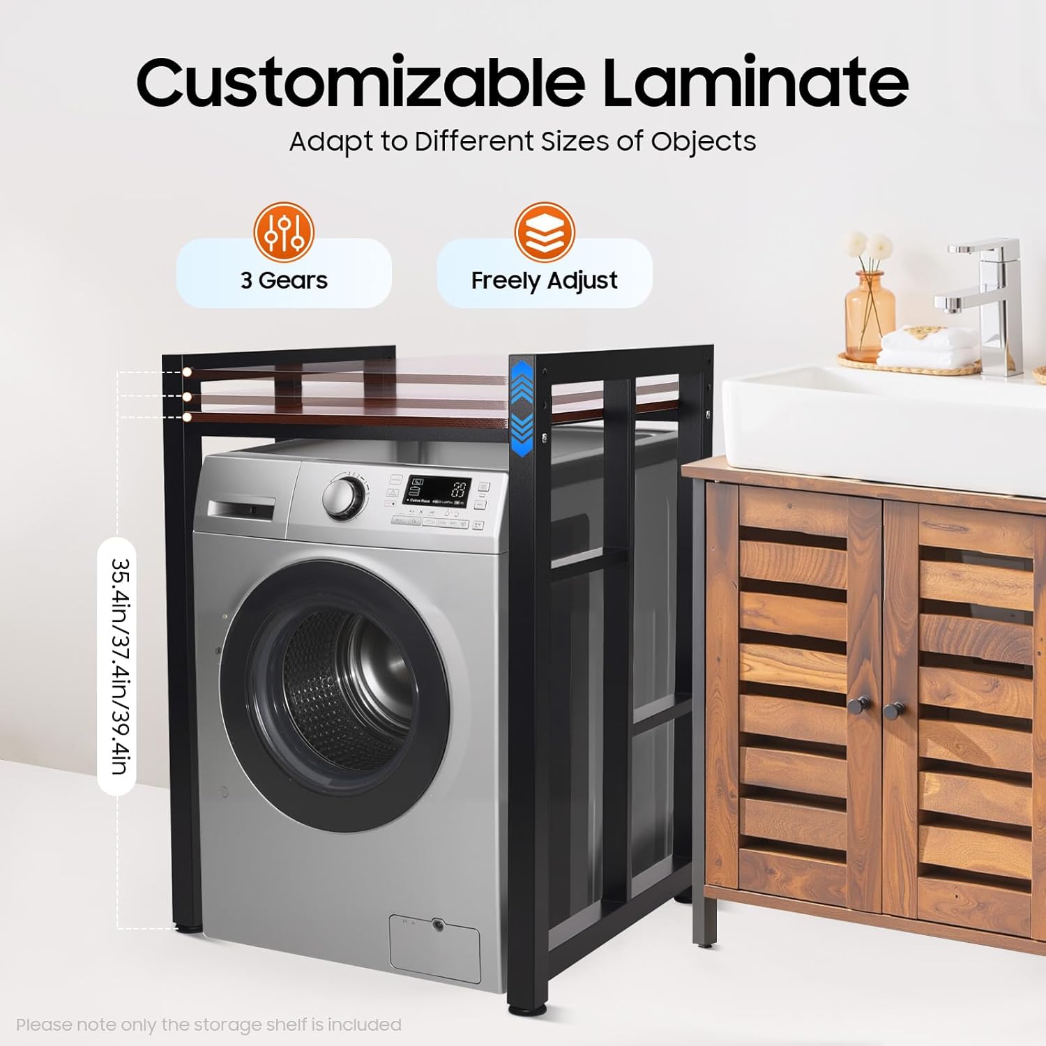 Heavy Duty Washer Dryer Stand & Appliance Storage Rack, 418Lb Capacity Adjustable Height, Steel Solid Wood Laundry Shelf for Home Utility Room, Black/Teak