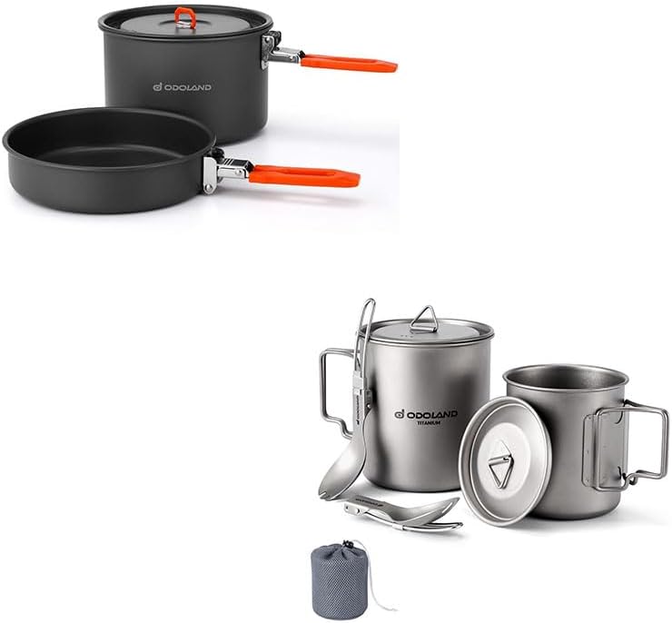 Odoland Bundle - 2 Items Camping Cookware Mess Kit and Titanium Camping Cookware 420ML & 750ML