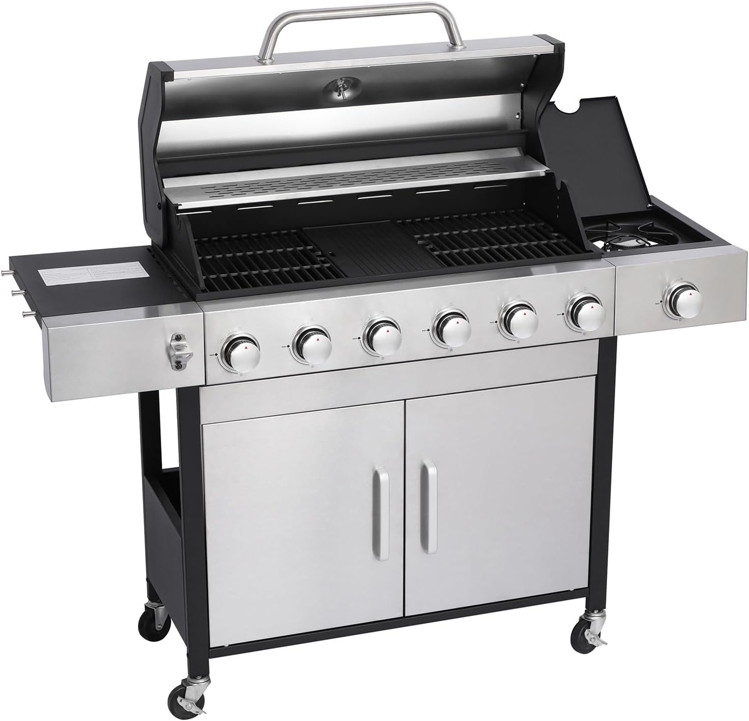 6-Burner Propane Gas Grill, 74,000 BTU Stainless Steel BBQ with Side Burner, Porcelain-Enameled Cast-Iron Grates, Flame Tamers, Removable Grease Tray, Thermometer, Lockable Casters