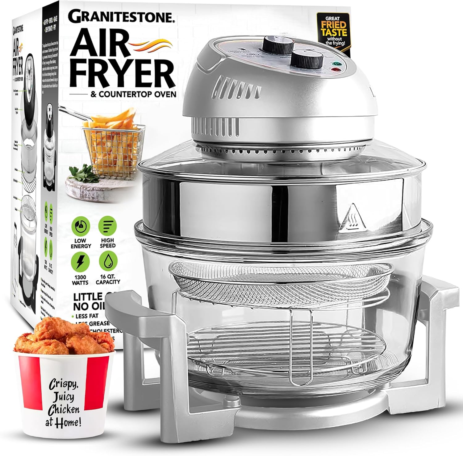 Big Boss 16Qt Large Glass Air Fryer Non Toxic – Family Sized Large Halogen Oven Cooker with 3 Cooking Sections, Stainless Steel Racks, French Fries, Chicken, No Preheat, Self Cleaning, Dishwasher Safe