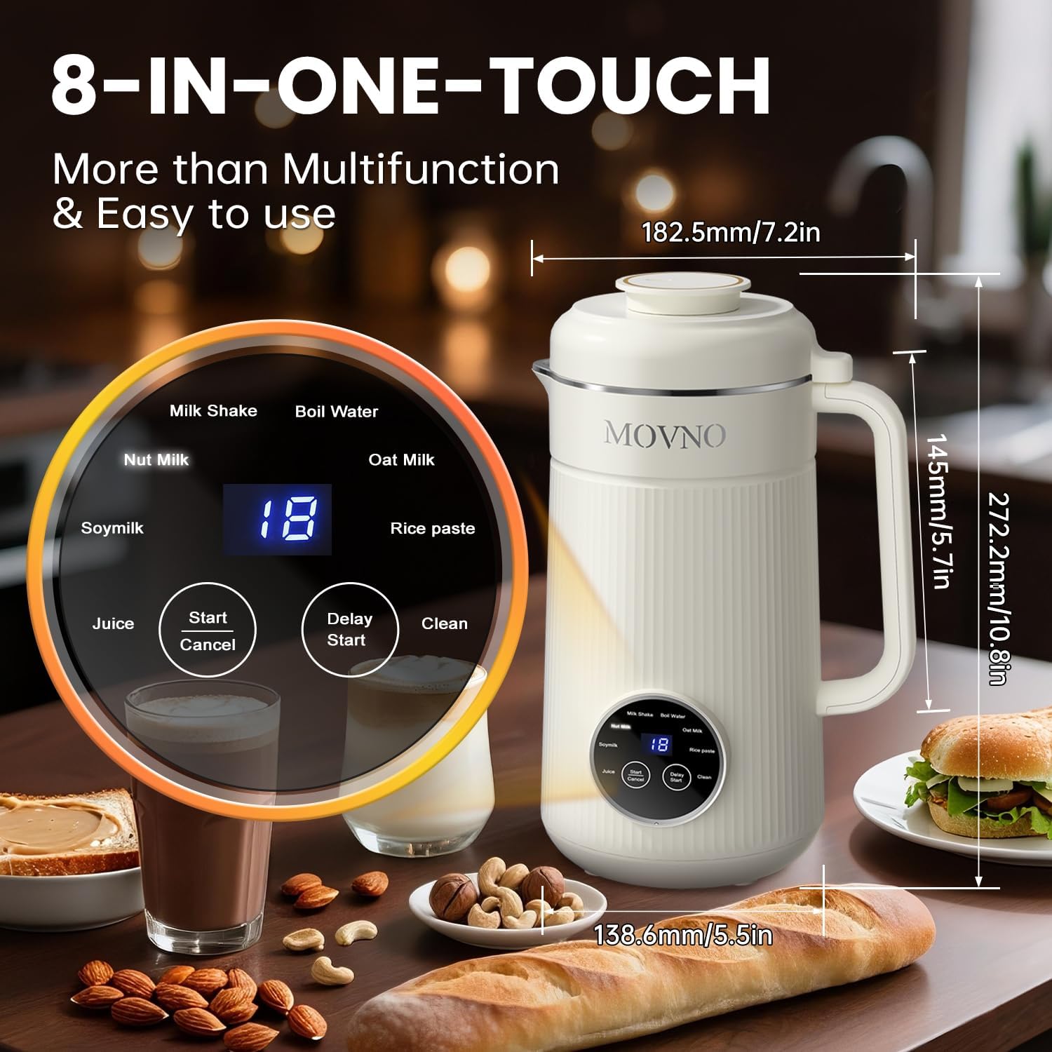 8 IN 1 Nut Milk Maker Machine, 40OZ Capacity Homemade Almond, Oat, Coconut, Plant Based Milks& Non Dairy Beverages, Automatic Pure Copper Motor Soy Milk Maker Blender with Delay Start/Boil Water