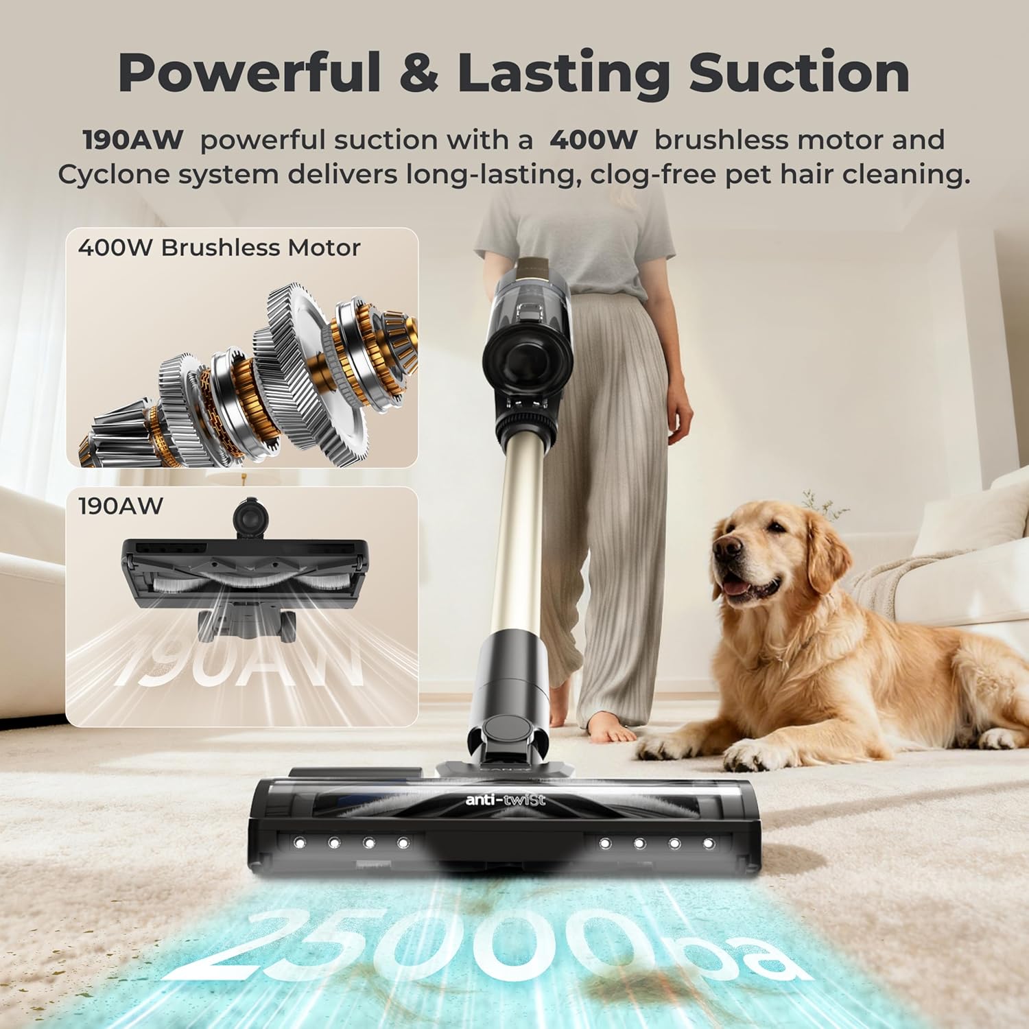 Candy Cordless Vacuum Cleaner,65Mins Stick Vacuum Cleaners for Home,400W/190AW Powerful Suction,Anti-Tangle,LED Display,Self-Standing,One-Click Clean,Handheld,Hardwood Floor/Carpet/Pet Hair,CVS30