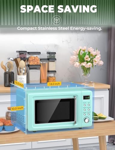 SIMOE Countertop Retro Microwave Oven, 0.7 Cu Ft Small Microwave with Defrost, 5 Micro Power, 8 Auto-cooking Set & Child Lock, Compact Microwave w/ 60min Timer, LED Display, 700W, Mint Green
