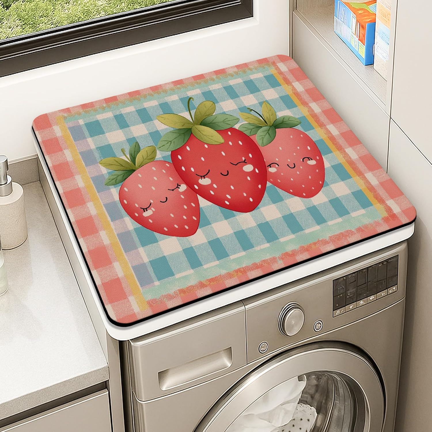 Cute Strawberry Washer Dryer Top Protector Mat, Cute Fruit Patterned Laundry Machine Dust Cover, Summer Rubber Anti-slip Waterproof Washer And Dryer Mats for Laundry Room 24x24 Inch
