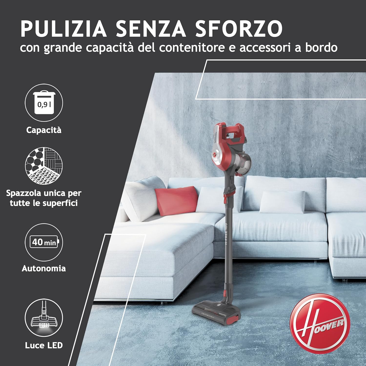 Hoover 39400928 HF122RH 011 Scopa Ricaricabile, H-Free 100, 0.9L, Batteria litio 22 V, 40 minuti, 2 velocità, Home, Griggio Rosso