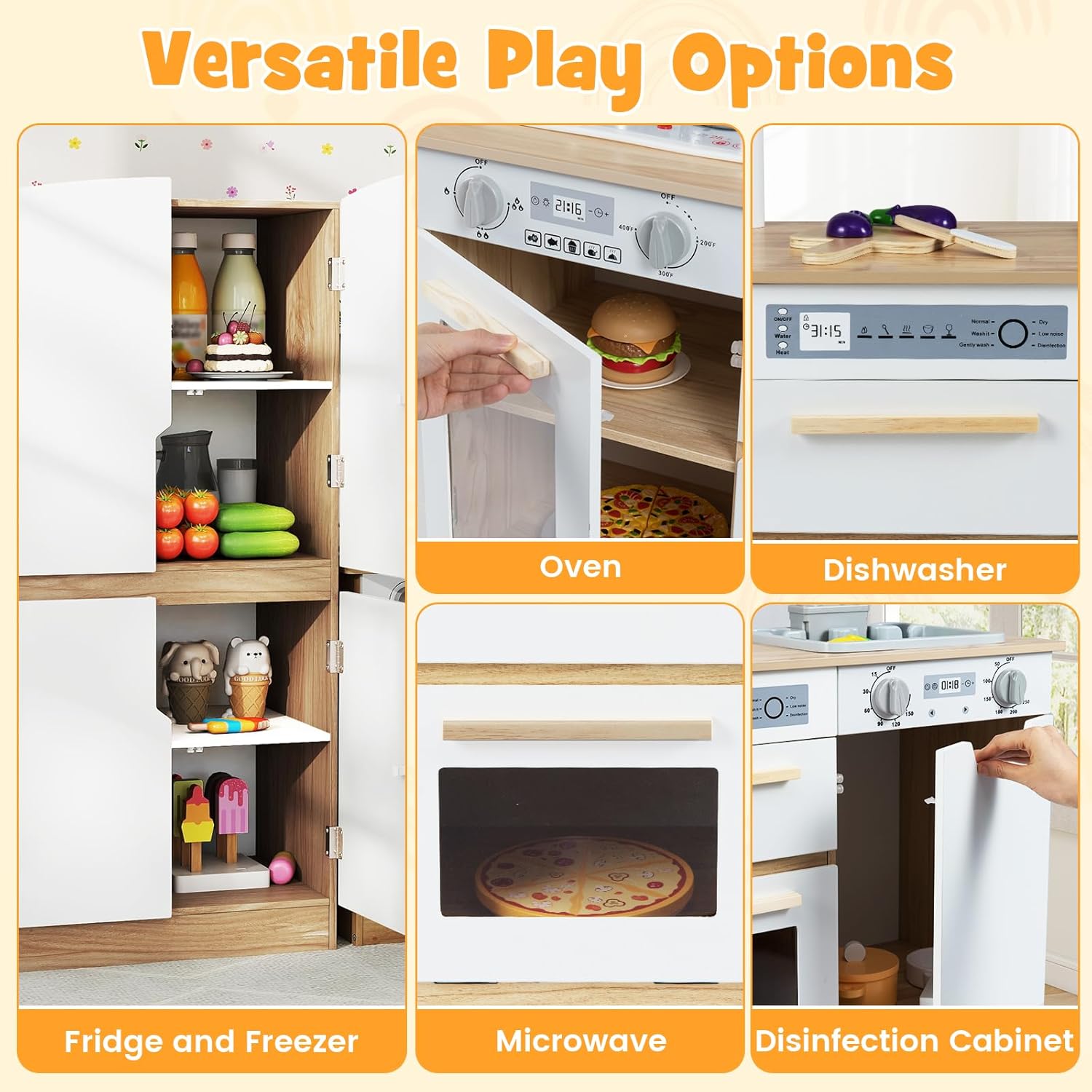 Costzon Kids Kitchen Playset, 2 Piece Wooden Modular Toy Play Set w/Running Water, Sound & Light, Fridge, Dishwasher, Microwave, Oven, Pretend Play Kitchen for Kids Ages 3+ (Natural + White)
