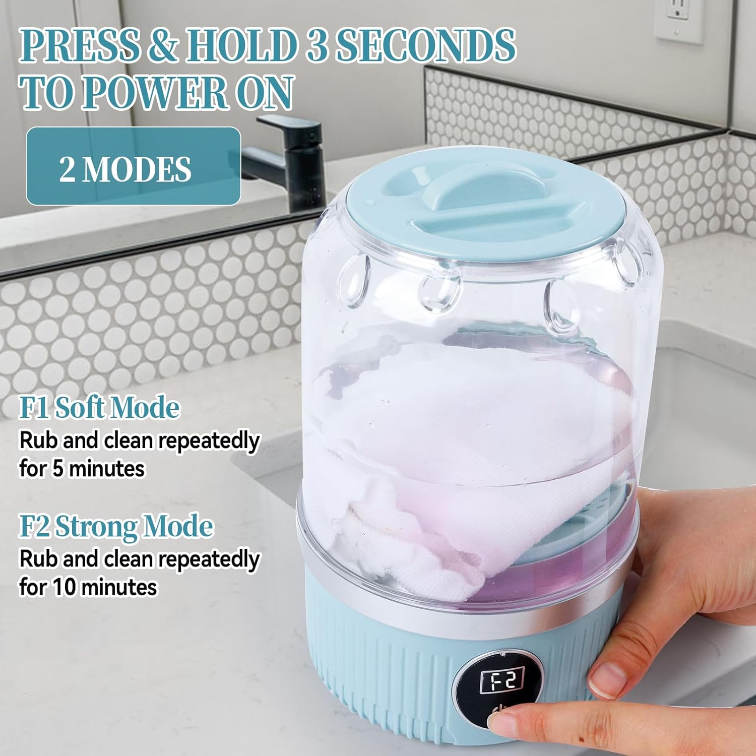 JOJOCY Portable Mini Washing Machine, Rechargeable 15W Cordless Underwear Washer for Bra, Socks, Baby Clothes, Travel & Dorm Use USB-Powered Laundry Cup 2 Wash Modes (Blue)