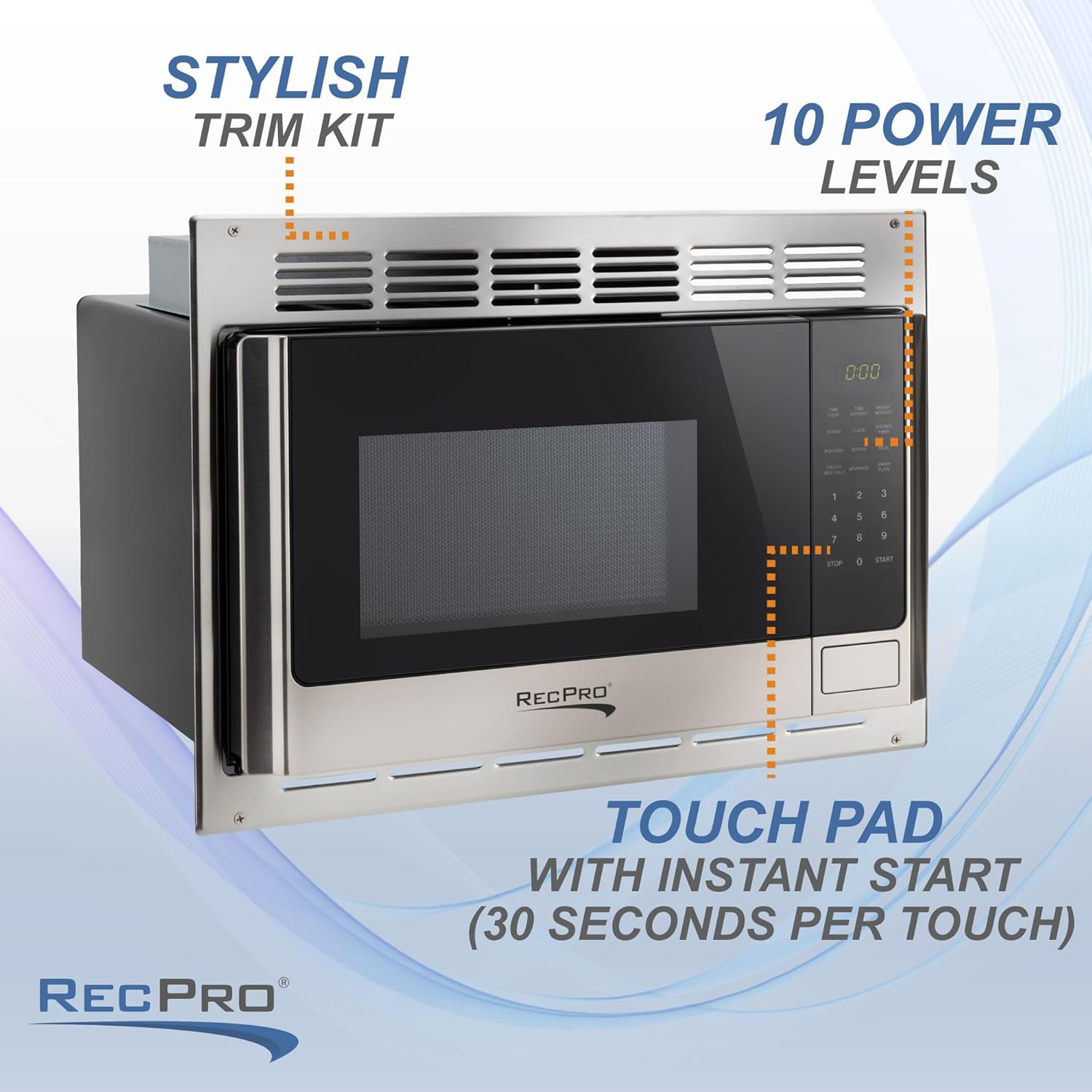 RecPro RV Microwave with Trim Kit | 1.0 Cu. Ft. | 900W | Direct Replacement for Greystone and High Pointe (Stainless Steel)