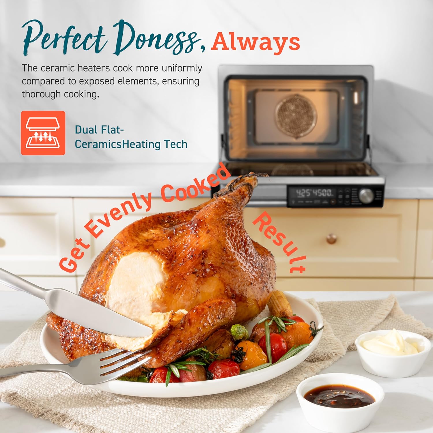 COSORI 11-in-1 Ceramic Air Fryer Toaster Oven Combo, Flat-Sealed Heating Elements for Easy Cleanup, Innovative Burner Function, 5 Accessories & Recipes, 26QT, Silver, Stainless Steel