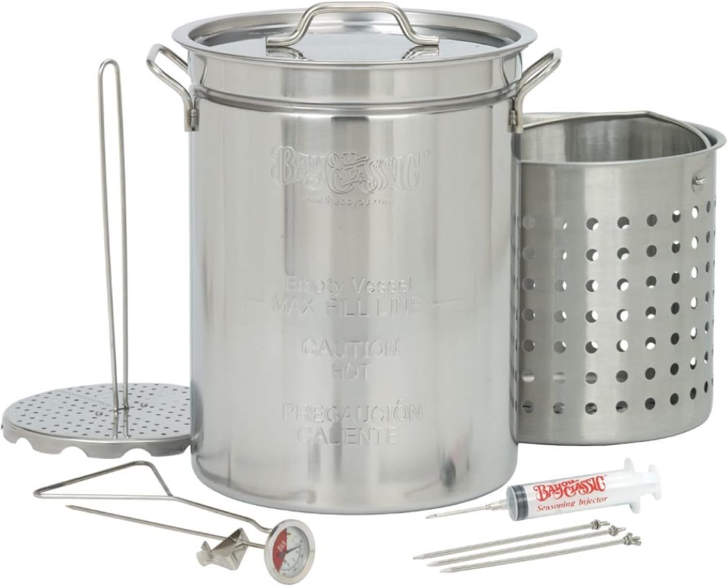 Bayou Classic 1118 32-qt Stainless Turkey Fryer Features Vented Lid Perforated Poultry Rack 12-in Stainless Fry Thermometer 2-oz Seasoning Injector