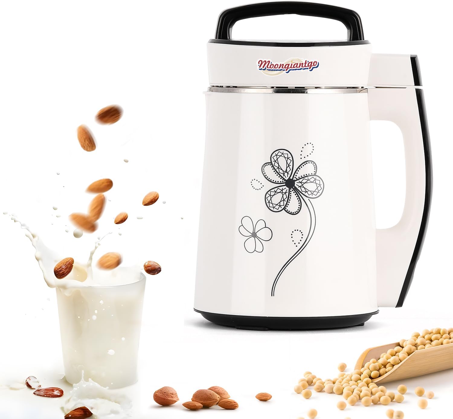 Moongiantgo Automatic Soy Milk Maker 37.2oz 1100ml, 8 in 1 Nut Milk Maker with Self-Cleaning/Boil Water/Recipe, Homemade Almond Milk Machine, Plant Based Milk, Juice Beverages Maker, 110V