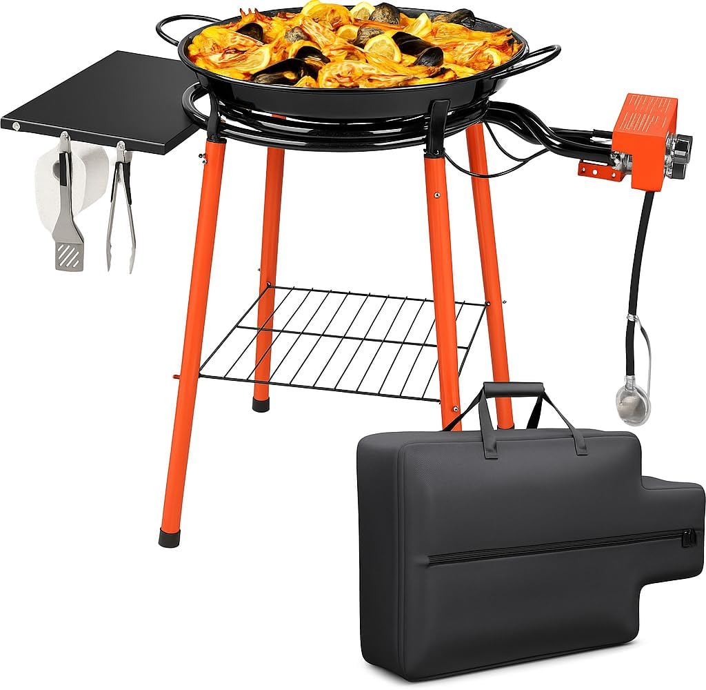 20 Inch Paella Pan Set, Paella Burner and Stand Set, Paella pan with lid & Stand,Paellera, Enameled Steel Paella Pan Paella Kit with Large Carry Bag,Built-In Ignitor Regulator Hose,18 Servings