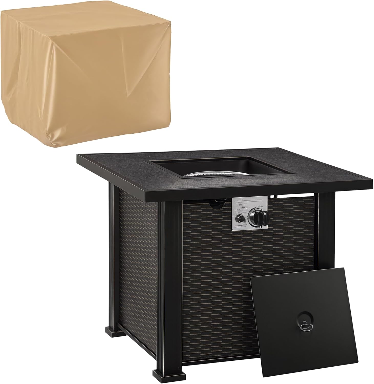 Outdoor Propane Gas Fire Pit Table, Auto-Ignition Square Wicker-Effect Gas Firepit with Ceramic Tabletop