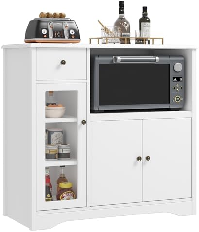 HORSTORS Microwave Cabinet, Kitchen Storage Cabinet with 3 Doors and 1 Drawer, Buffet Sideboard with Adjustable Shelves, Microwave Stand for Kitchen, Dining Room, White
