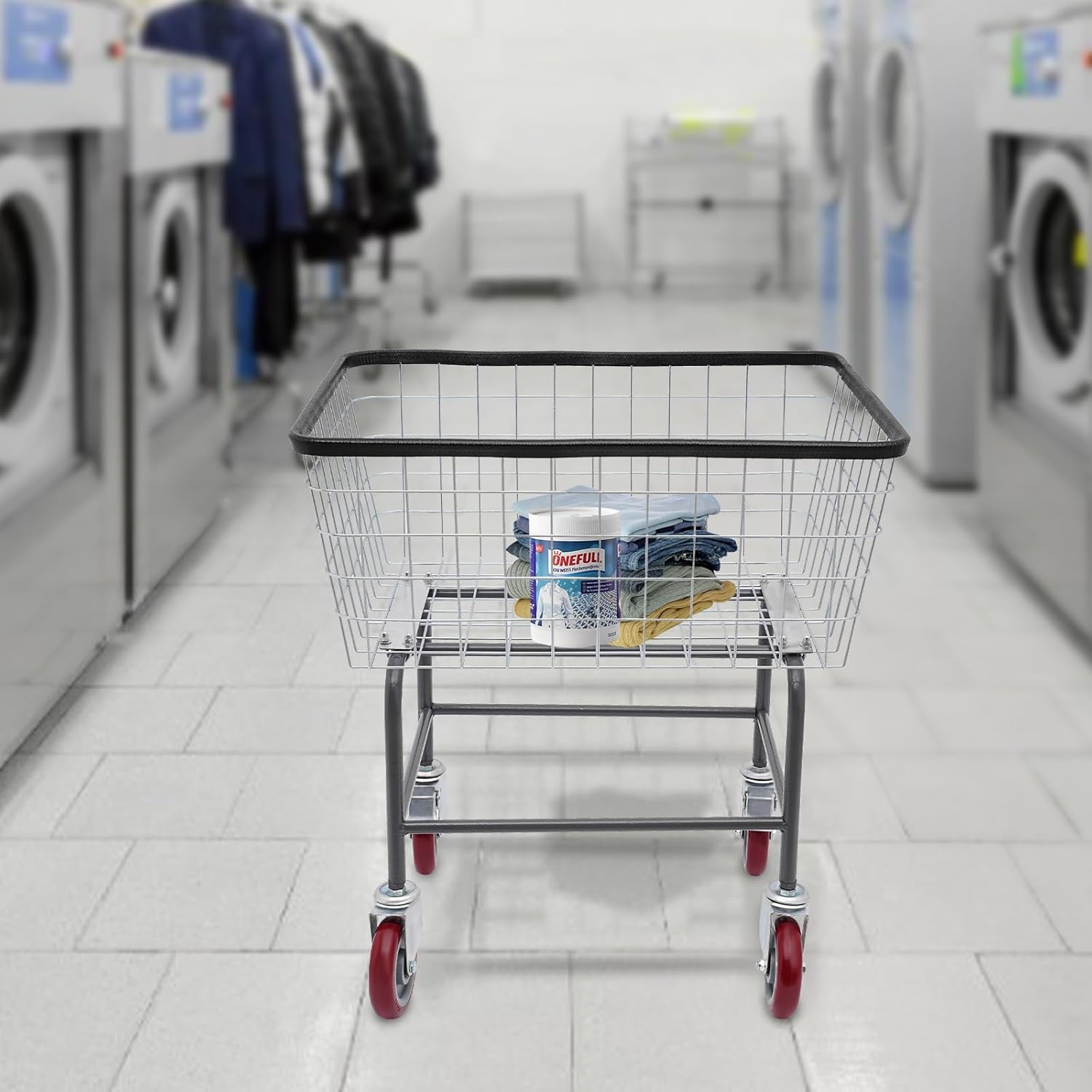 Heavy Duty Steel Wire Laundry Cart with Wheels, Rolling Laundry Basket Galvanized Frame & 4 Casters, Industrial Bumper for Homes, Hotels, Bathrooms, and Commercial Laundries