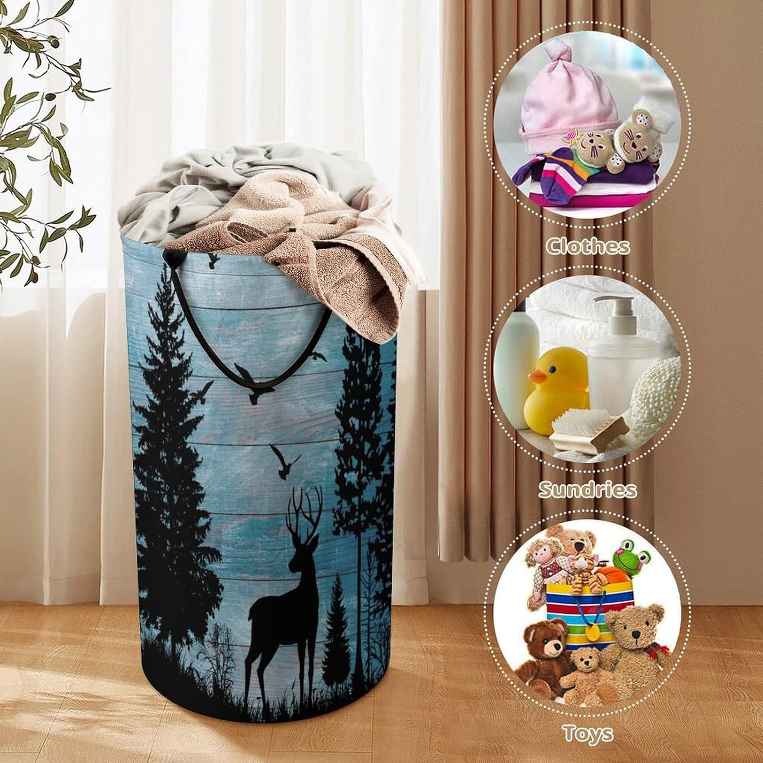 Rustic Forest Wood Board Deer Laundry Hamper Dirty Clothes,Abstract Hunting Theme Jungle Wildlife Silhouette Deer Bird Large Laundry Basket Storage Basket For Bathroom 15.7W