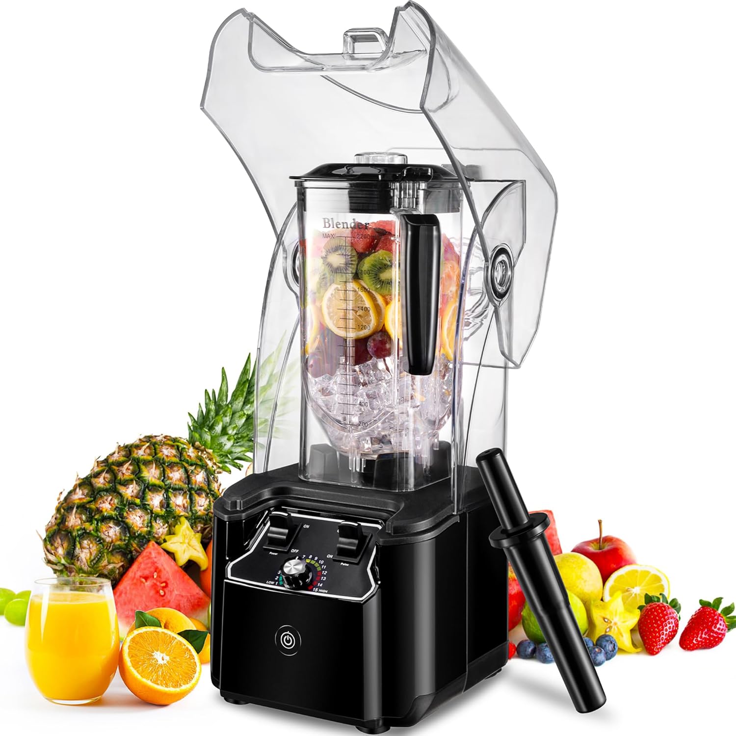 Commercial Blender for Smoothies 2200W With Soundproof Cover, 2200 ML, 15 Speeds, 6-leaves Stainless Steel Blade,Heavy Duty Blender for Restaurant, Smoothie,Ice Crush,Shakes, 9.5