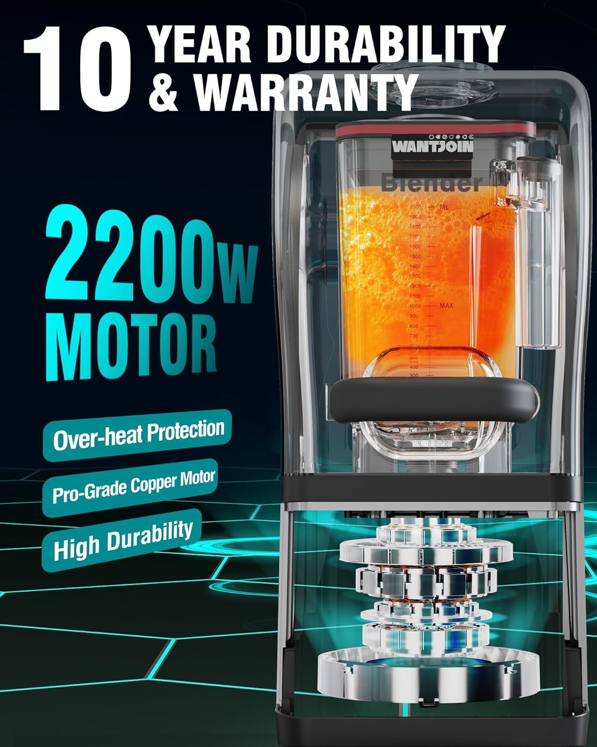 WantJoin Commercial Blender - 68 oz Quiet Commercial Blender for Smoothies with Sound Enclosure, 2200W Upgraded Copper Motor, 30000RPM, 7 Speeds, Blenders for Frozen Drinks, Juice, Soup