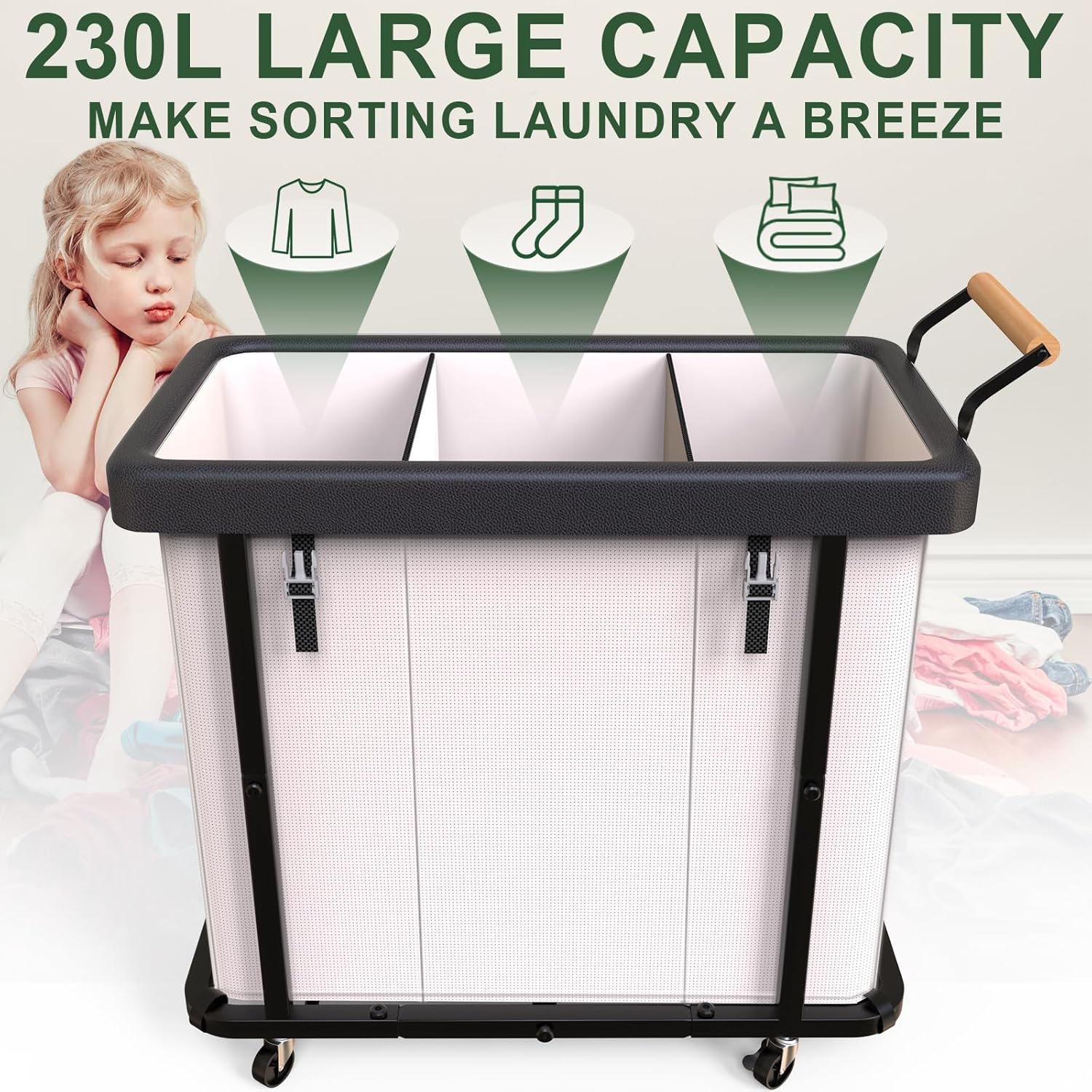 230L (60 Gal) Extra Large Fashion Laundry Sorter 3 Section with Lid, Rolling Laundry Basket Hamper with Handle, Laundry Organizer Storage Cart with Sturdy Metal Frame for Laundry Room, Hotel, White