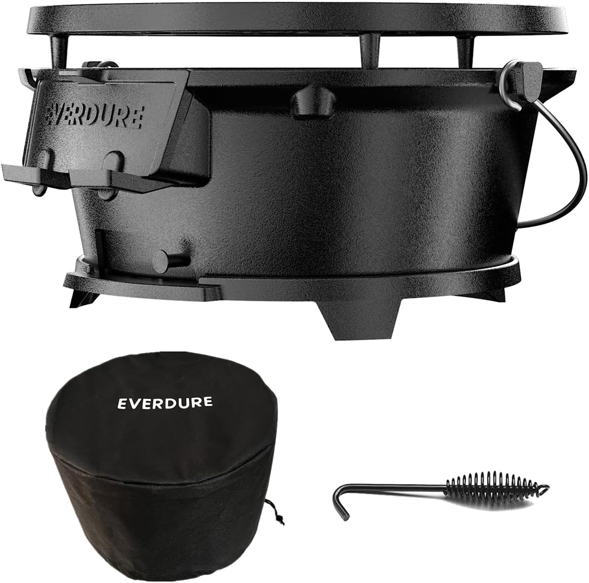 Everdure Round Cast Iron Grill & Cover – Outdoor, 2-In-1 Portable, Tabletop Grill and Griddle - 100% Cast Iron, Enameled, Durable, Small Charcoal Grill, Camping Stove or Hibachi Grill