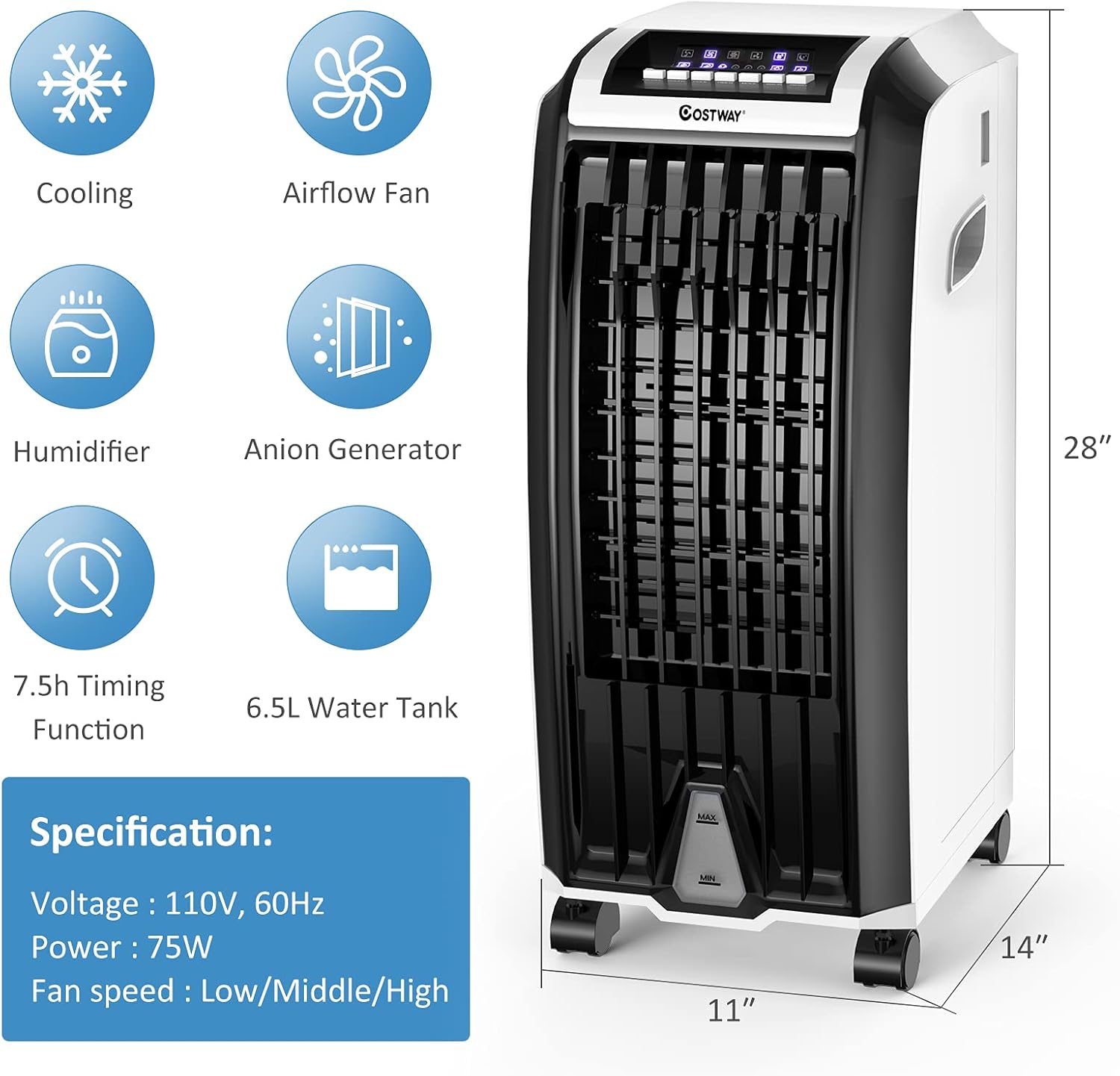Nightcore Air Cooler, Portable Air Cooler with 3 Different Wind Speed, Bladeless Electric Fan, Humidifier with Remote Control, 7.5-Hour Timer, Office, black + white (Air Conditioners)