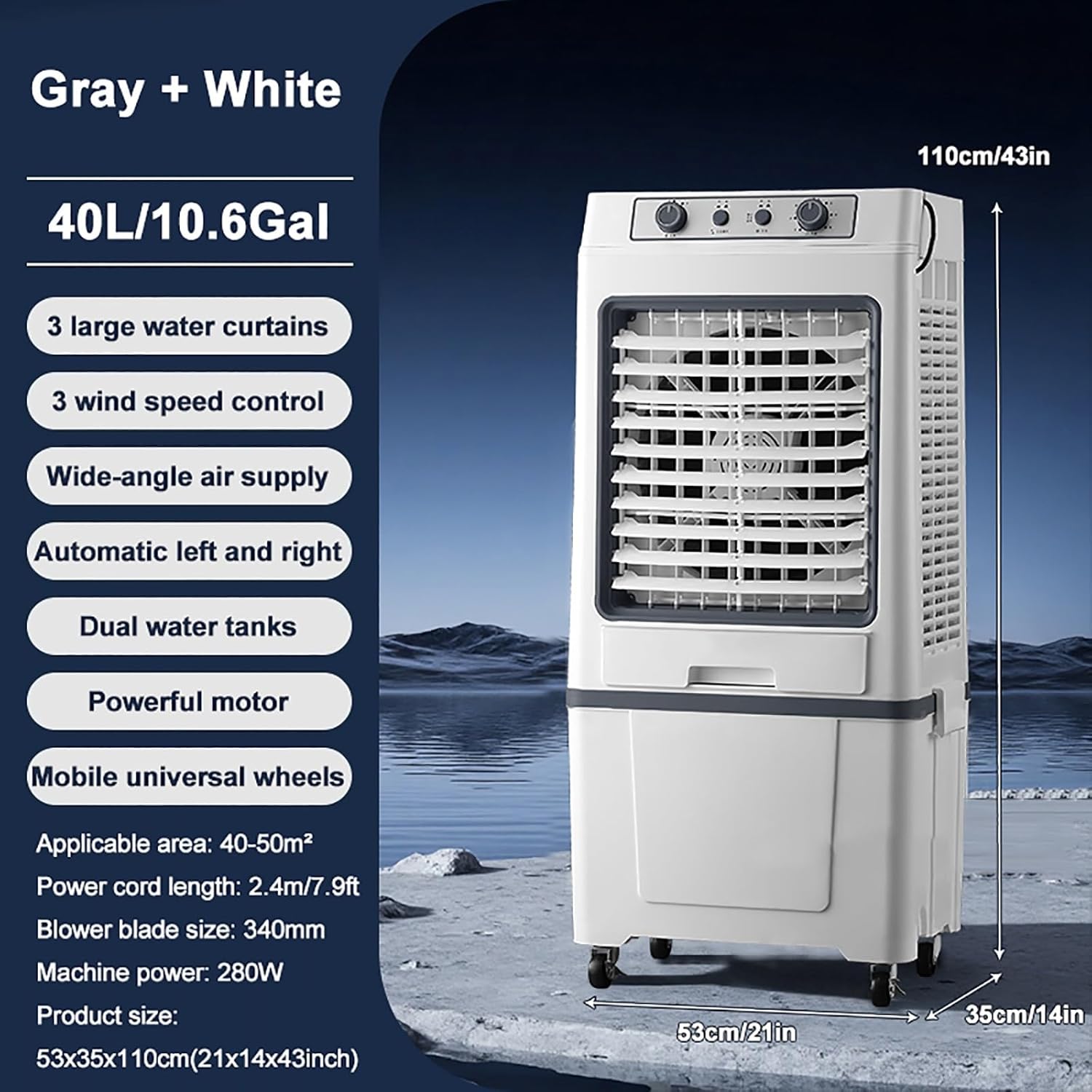 Swamp Cooler Air Conditioner Portable, 3-Speed Fan, 9000CFM Powerful Evaporative Air Cooler, 3-IN-1 Humidifying Cooling Fan for Home, Shop, Factory, Garage(Gray)