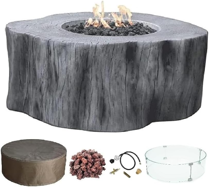 Elementi Manchester Gas Fire Pit Cast Concrete Fire Table, Outdoor Fire Pit Electronic Ignition | Canvas Cover, Lava Rock Included | Free AMS Wind Guard | Classic Gray (Propane Gas)