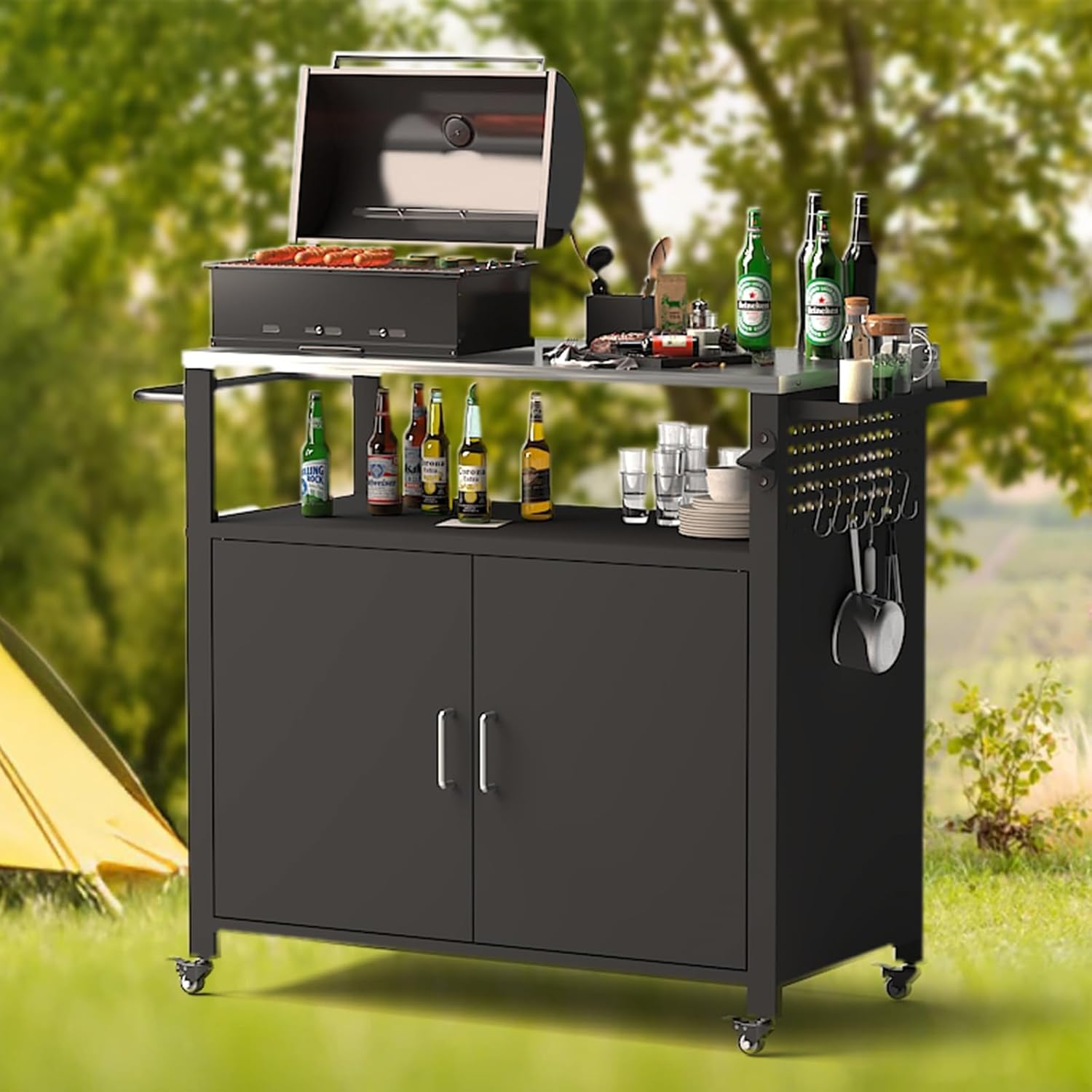 Outdoor Grill Table with Storage, Outdoor Grill Cart for BBQ, Patio, and Backyard, Outdoor Kitchen Island with Stainless Steel Top, 35.43 x 18.11 x 35.03 inch