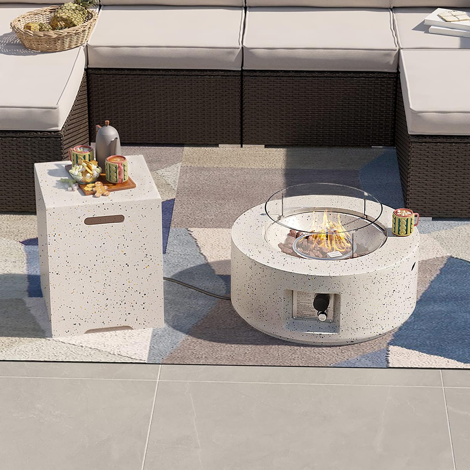 SUNBURY Outdoor 28 Inch Propane Fire Pit Table, Round Fire Table w Tank Table, 40,000 BTU Spotted White Patio Gas Fire Table w Tempered Glass Wind Guard, Waterproof Cover