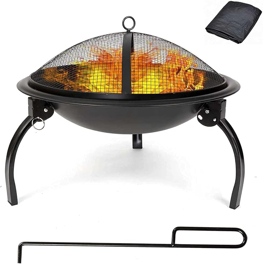 20 Inch oldable Outdoor Firebowl, Wood Burning BBQ Fire Pit with Fireplace Poker Firepits, Log Grate, Poker for Patio Backyard