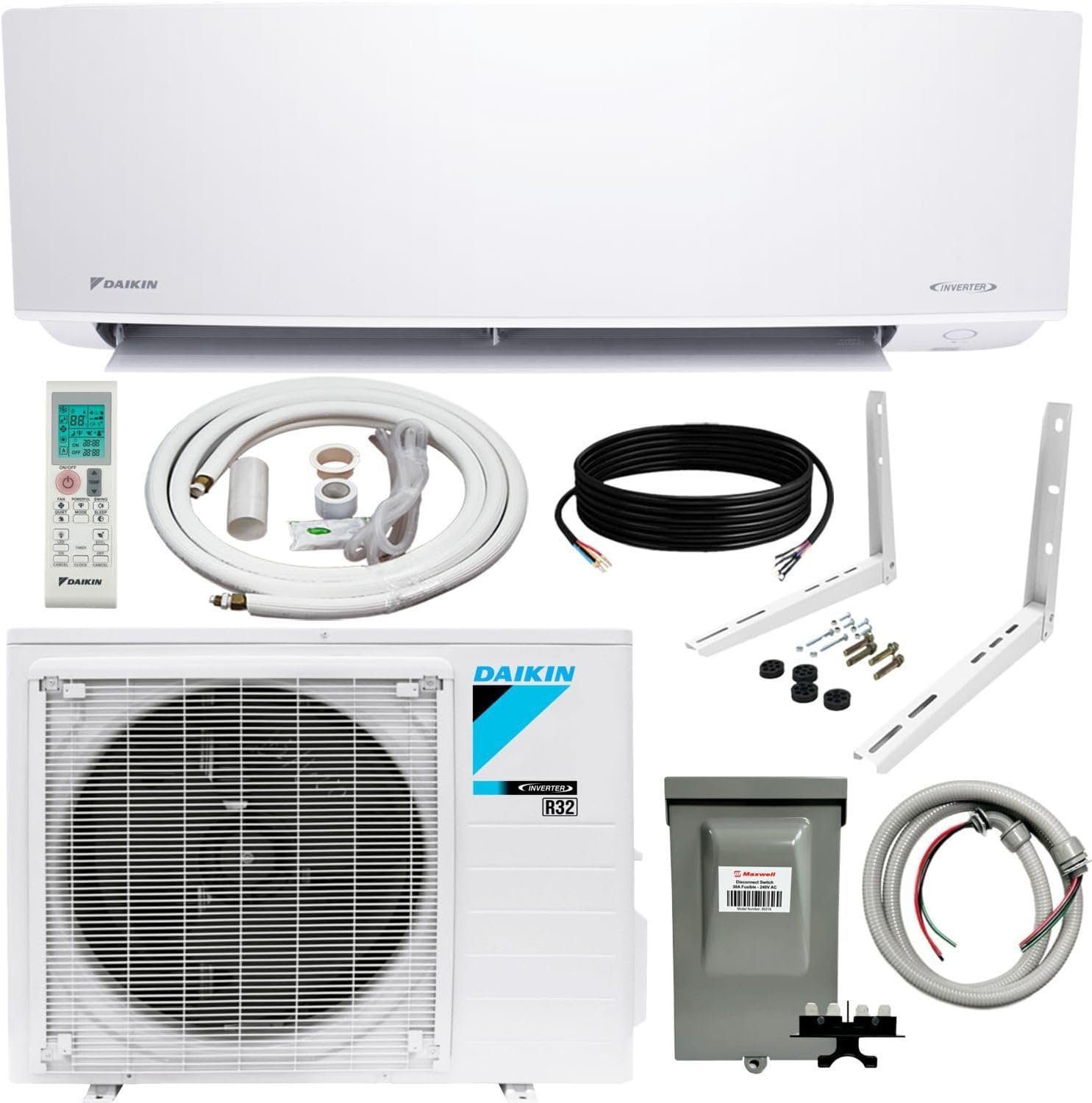 Daikin 18,000 Btu 21 SEER2 Oterra Series Ductless Mini-Split Wall Mount Heat Pump Air Conditioner - R32 w/Installation Kit, 1/2 Whip, 30A Disconnect and Wall Bracket