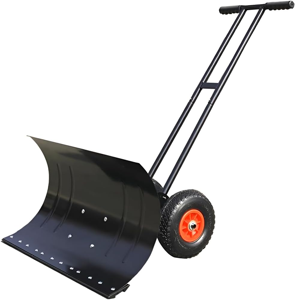Wheeled Snow Shovel for Driveway Heavy Duty Snow Pusher Upgraded Dual-Rod Design 29-in Adjustable Height Snow Plow