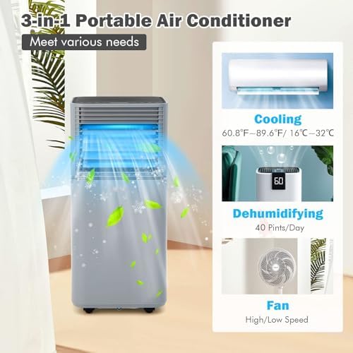 DORTALA Portable Air Conditioners 8000 BTU, AC Cooling Uint with Dehumidifier, Remote Control, 24H Timer & Window Kit, Stand up Air Conditioner for Bedroom, Dorm, Cools up to 230 sq.ft, Grey