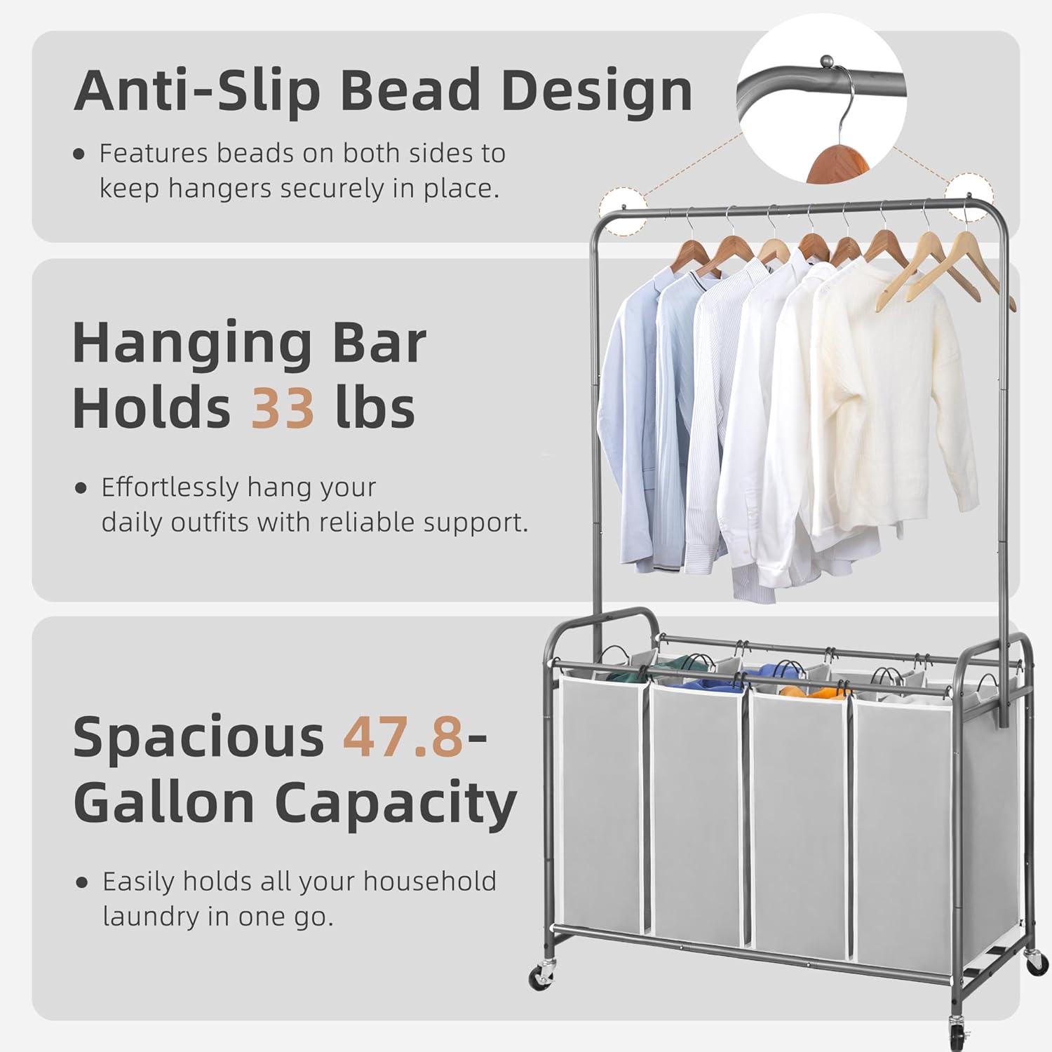 STORAGE MANIAC Laundry Sorter with Hanging Bar, Portable, Removable Laundry Hamper Cart with Heavy Duty Rolling Lockable Wheels and Removable Bags, Rolling Laundry Basket Organizer 181L, 4 Section
