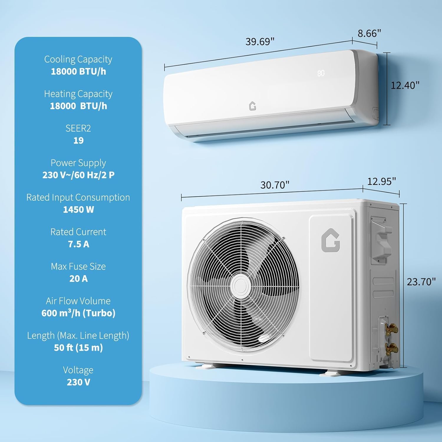 GAOMON 18000 BTU Mini Split AC/Heating System, 19 SEER2 Inverter 6-in-1 Split System Air Conditioners, Ductless Heat Pump Wall Mount AC Unit Cool Up to 1250 Sq. Ft, Installation Kits, 230V, Low Noise