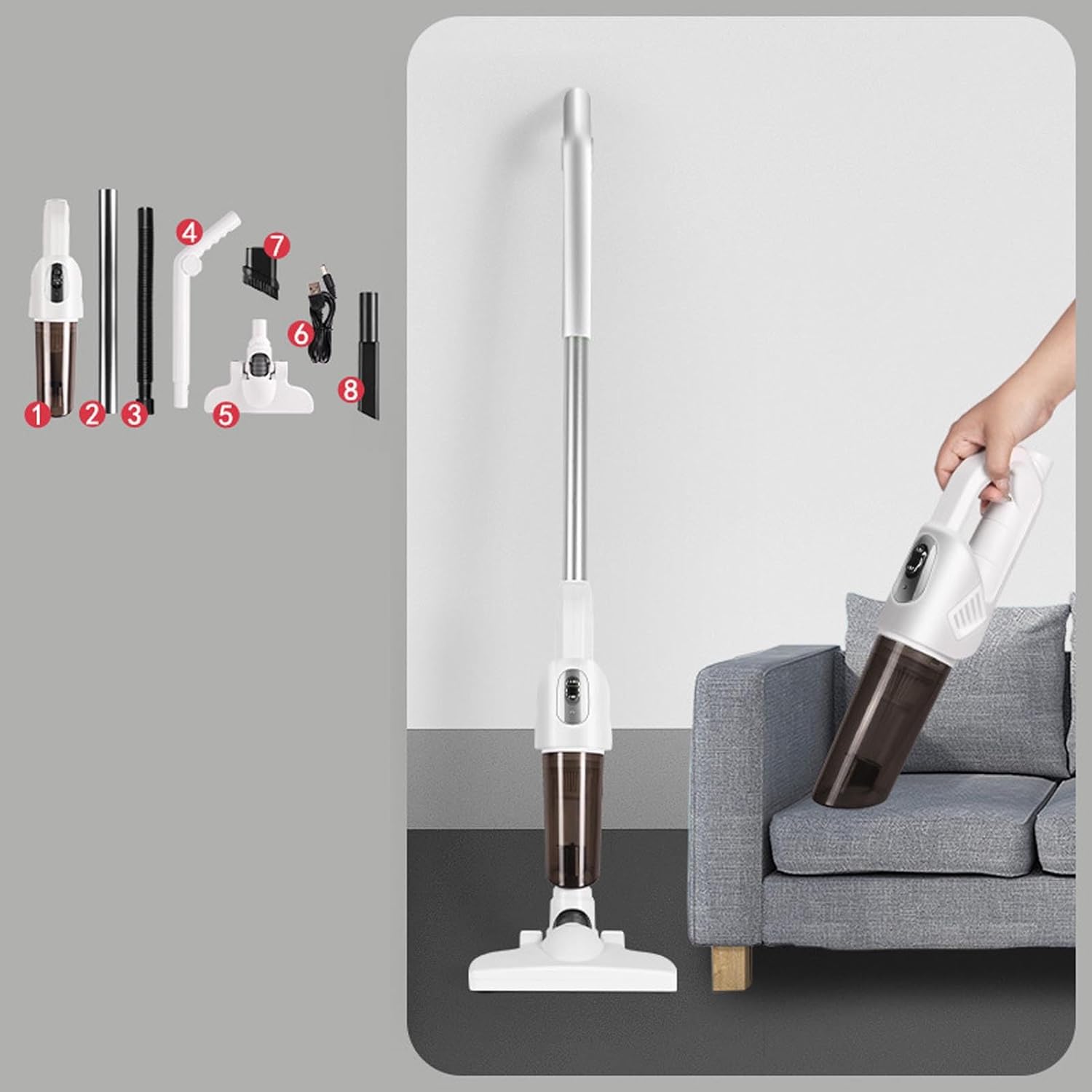 Cordless Vacuum Cleaner, 20000Pa Powerful Suction Stick Vacuum, for Carpet Pet Hair Hardwood Floors, with Crevice Nozzle and Hose