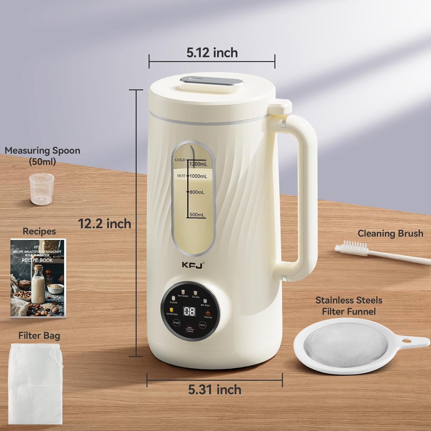 KFJ 8 in 1 Nut Milk Maker Machine, 41oz Homemade Coconut, Soy, Oat, Almond, Plant Based Milks and Non-Dairy Beverages with Delay Start/Boil Water/Self-Cleaning, White