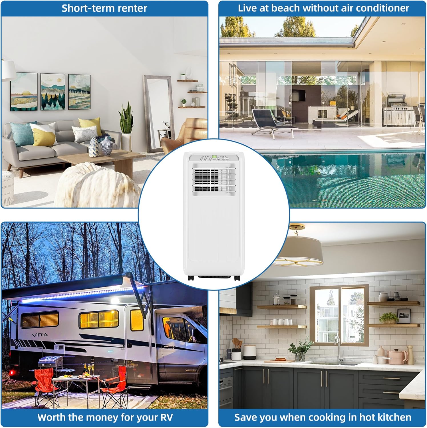 8,000 BTU Portable Air Conditioner,Drain-Free, Ultra-Quiet,Cooling for Rooms Up to 350 sq.ft, Dehumidifier & Fan Modes for Bedroom/Indoor Use,White