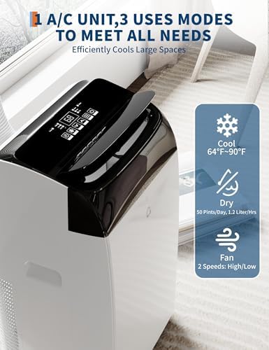 14,000 BTU Portable Air Conditioner Cools Up to 750 Sq.Ft, Auto-Evaporation Low Noise.3 in 1 Room Portable AC Unit with Remote Control & LED Display Moveable Wheels Fits for Large Room,Garage,White