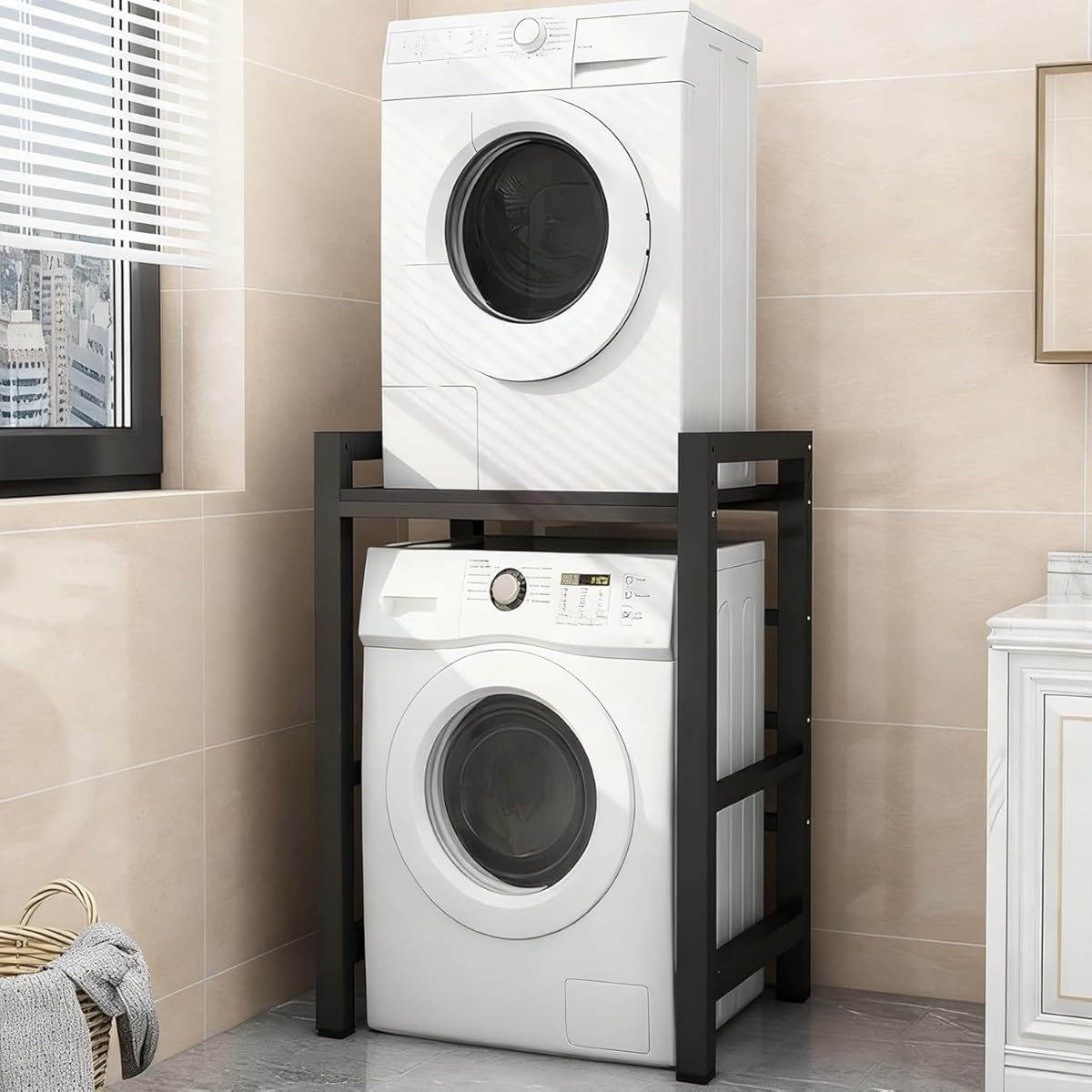 Washer Dryer Stacking Rack Stand, Heavy Duty Over Washer Dryer Shelves with Adjustable Shelf, Space Saver Stackable Storage Shelf, for Laundry Room Apartments Bedrooms(Black b)