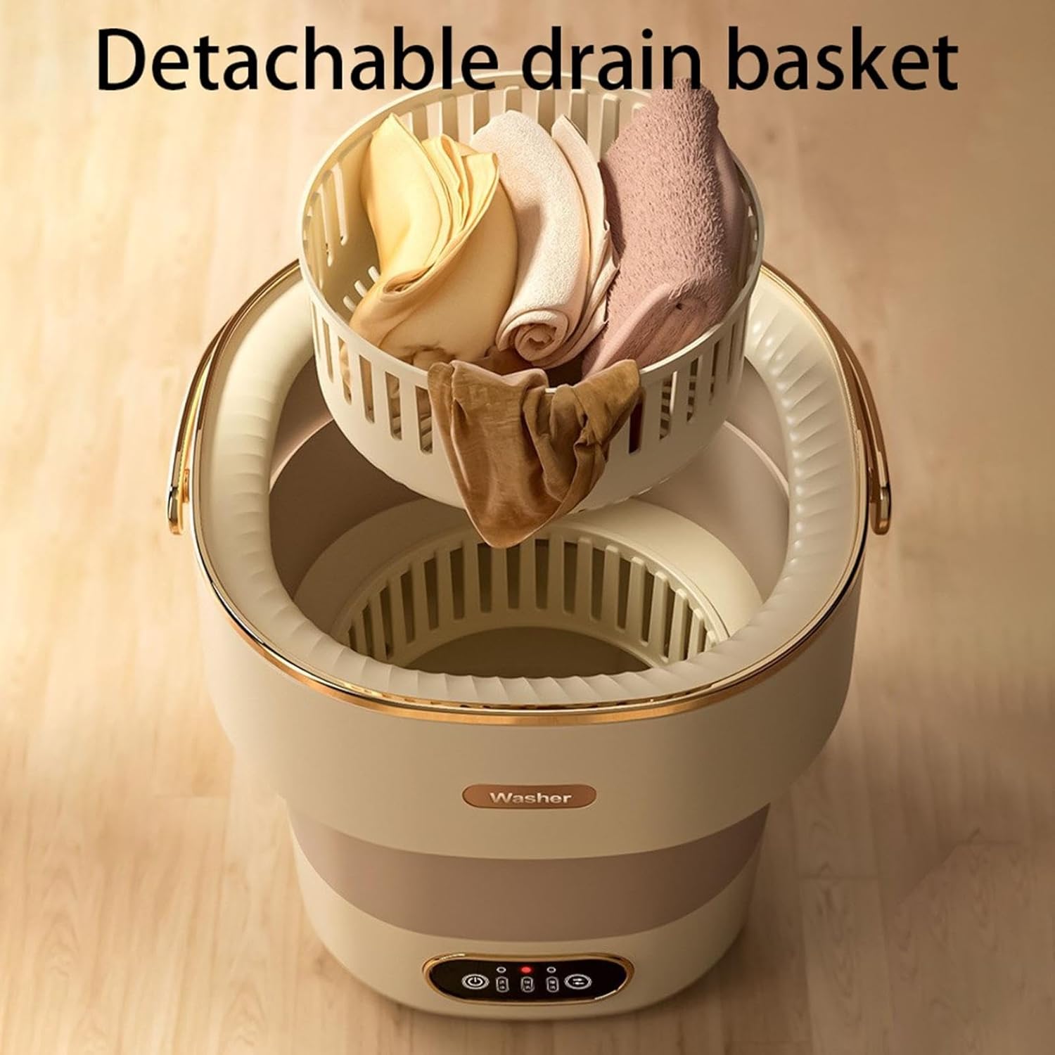 Mini Portable Washing Machine Laundry Cup 15L Washer with 3 Cleaning Modes and Drain Pipe for Apartments Travel and RV, Folding Clothes Washing Machines for Underwear and Baby Clothes (Beige)