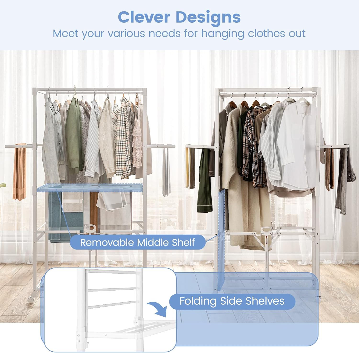 Giantex Clothes Drying Rack with Wheels, Collapsible Laundry Rack with 2 Folding Side Shelves & Detachable Middle Shelf, Moveable Laundry Garment Dryer Stand Dryer Rack for Apartment Indoor Outdoor